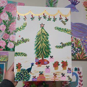 Christmas Peacock Original Painting Winter Artwork Christmas Wall Art